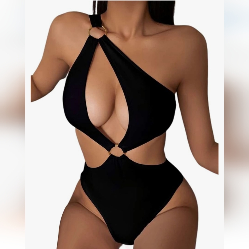 Black One piece swimsuit O ring cutout halter high cut bathing suit size L